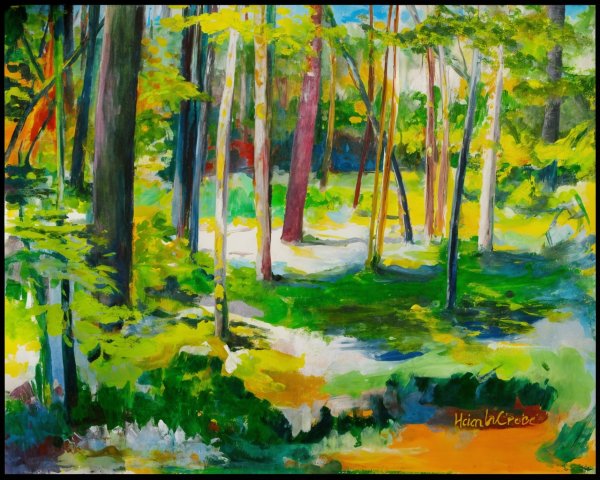 Vibrant Forest Landscape with Sunlit Trees and Greenery