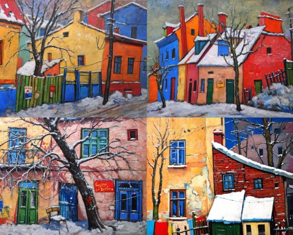 Vibrant Winter Scenes with Colorful Houses and Snow
