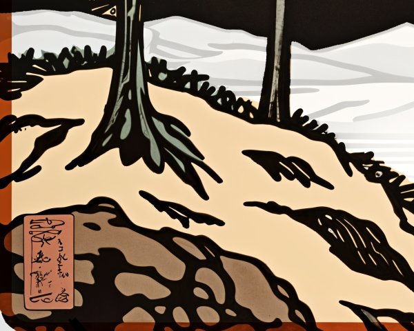 Stylized Japanese Landscape with Rocky Outcrops and Hills