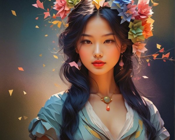 Young woman with flowers, stylish outfit, whimsical scene