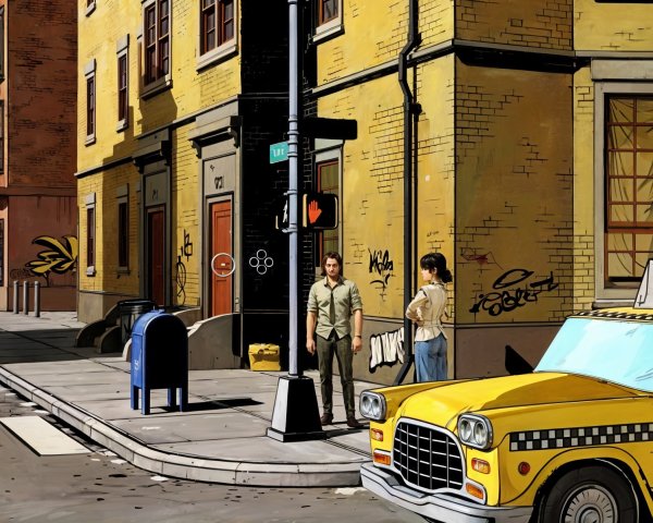 Vibrant Urban Street Scene with Taxi and Graffiti