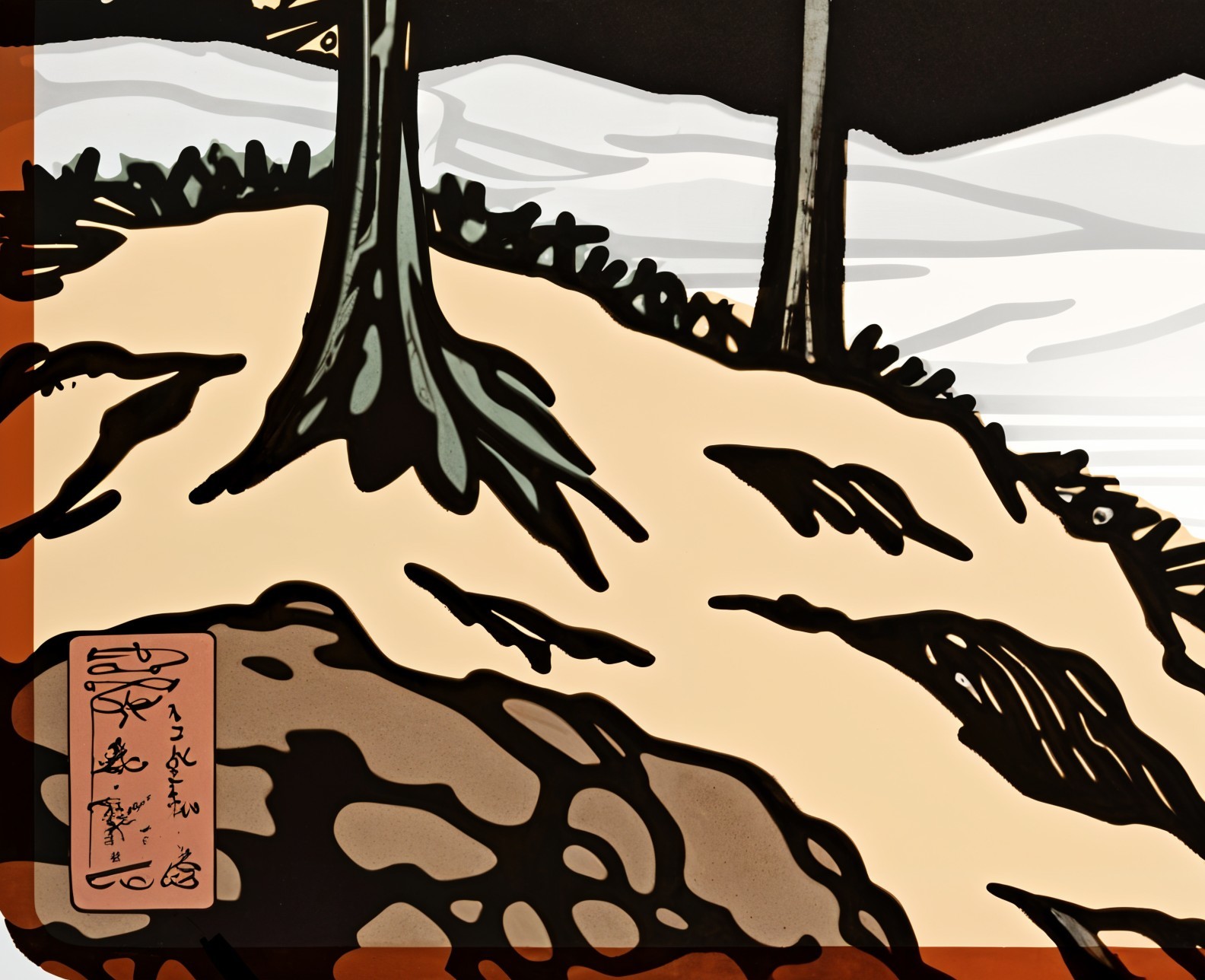 Stylized Japanese Landscape with Rocky Outcrops and Hills