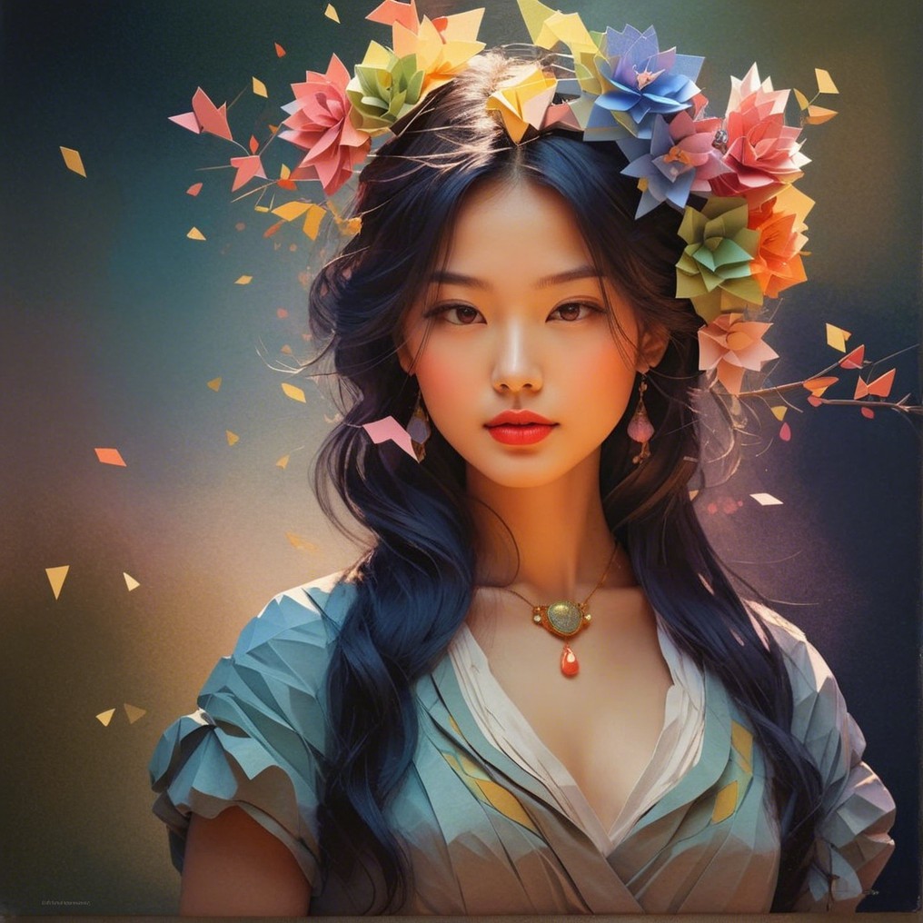 Young woman with flowers, stylish outfit, whimsical scene