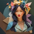Paper-Cut Portrait of Woman with Floral Accents