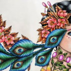 Vibrant Tattoo Design of Flowers and Peacock Feathers
