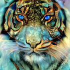 Vibrant Blue and Gold Tiger with Mystical Patterns