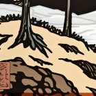Stylized Japanese Landscape with Rocky Outcrops and Hills