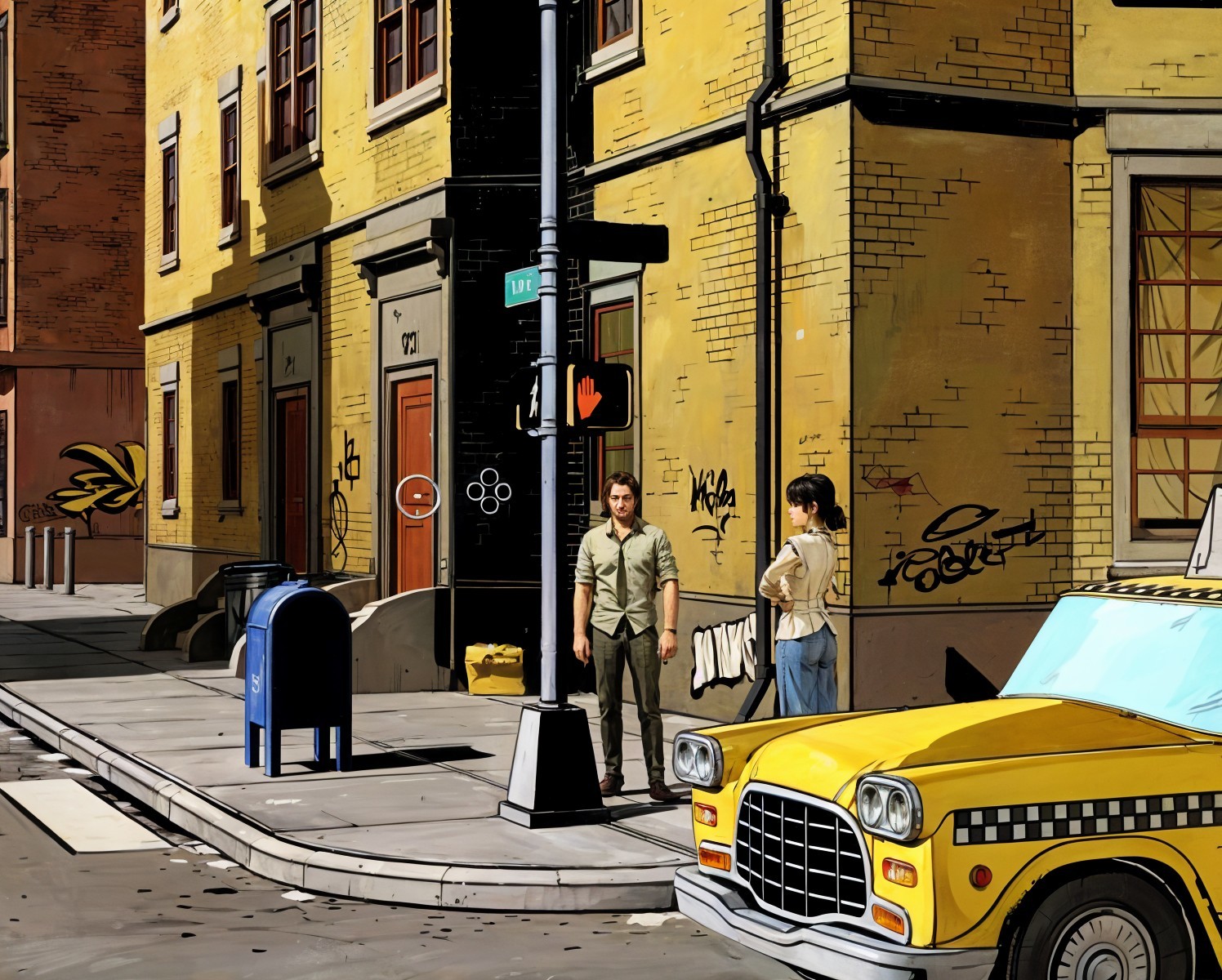 Vibrant Urban Street Scene with Taxi and Graffiti