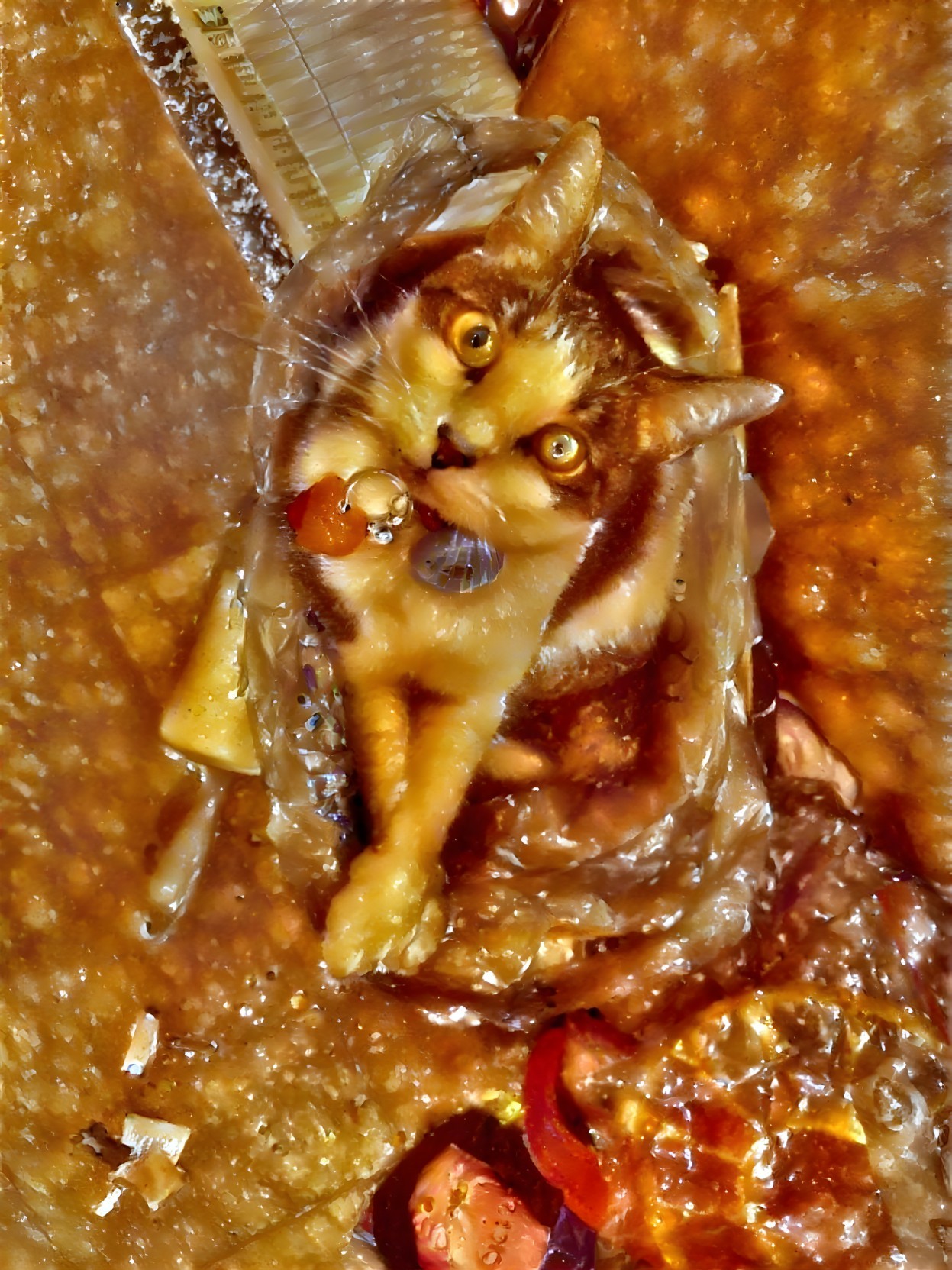 Cat in Translucent Packaging Among Colorful Food Items