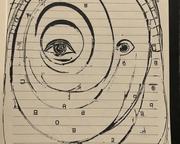 Swirling Spiral Design with Stylized Eyes and Patterns