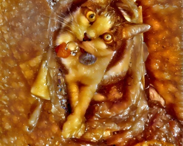 Cat in Translucent Packaging Among Colorful Food Items