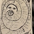 Swirling Spiral Design with Stylized Eyes and Patterns