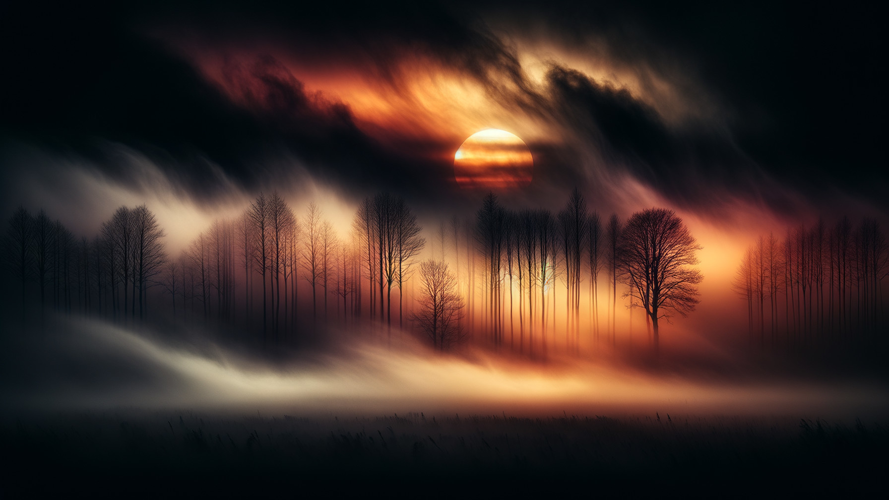 Dramatic Sunset Over Misty Landscape with Silhouetted Trees