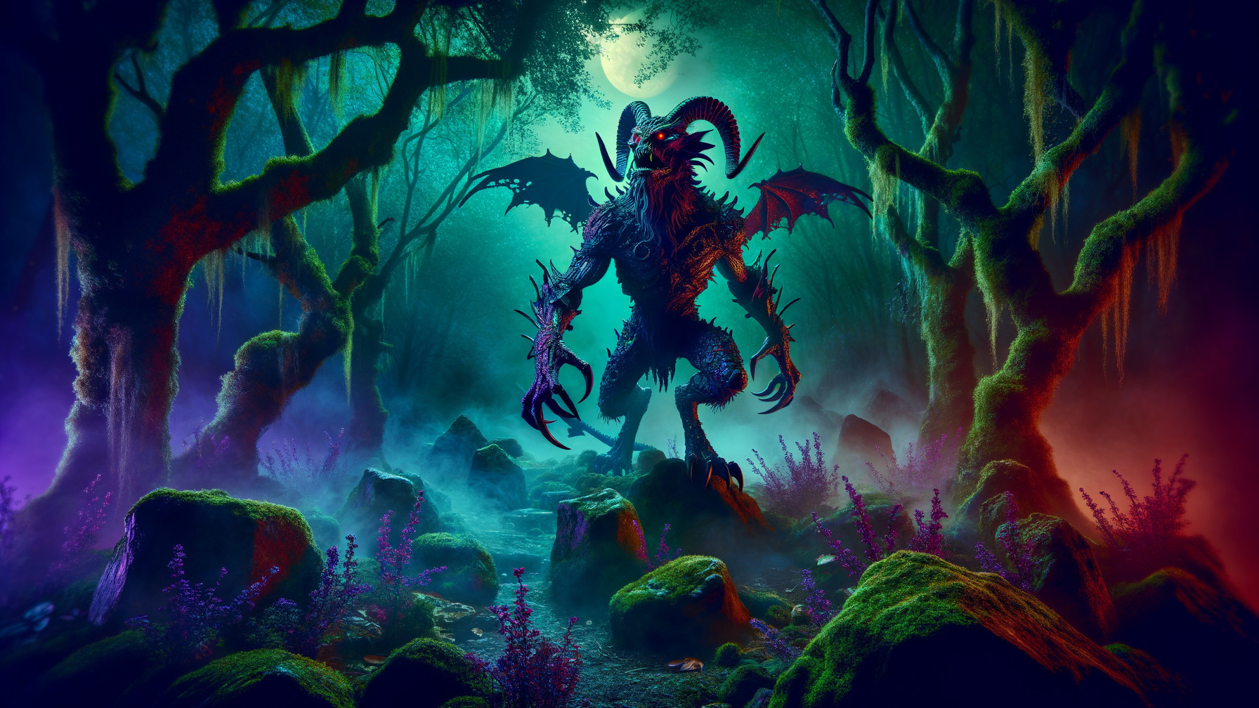 Menacing Creature in Mystical Foggy Forest Scene