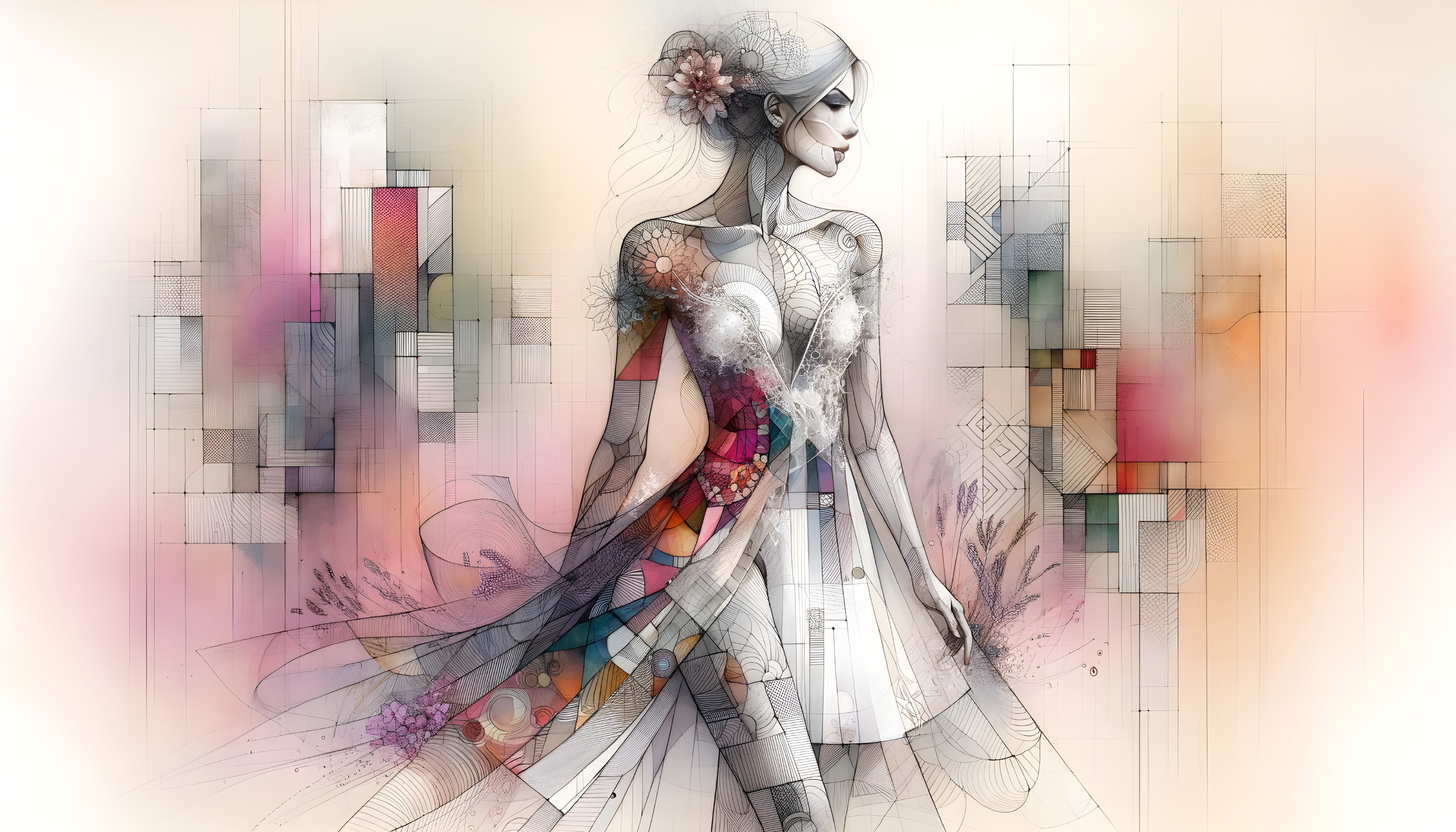 Abstract Figure of Woman in Floral Dress and Patterns