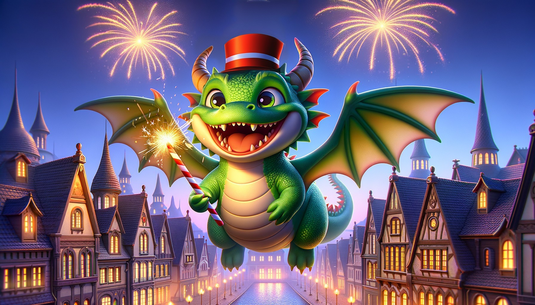 Cheerful green dragon with top hat over whimsical town