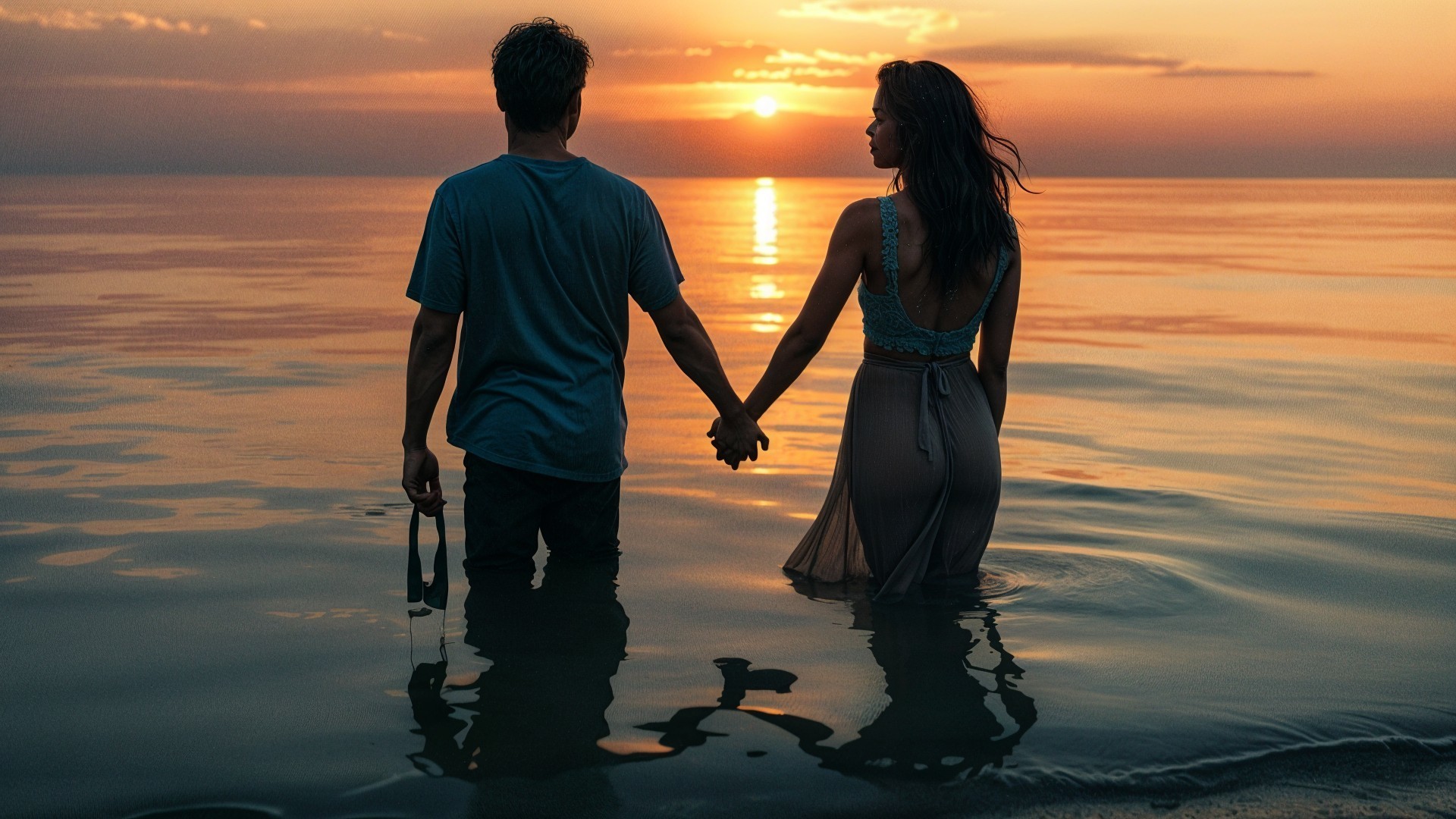 Couple at Sunset by the Calm Sea with Reflections