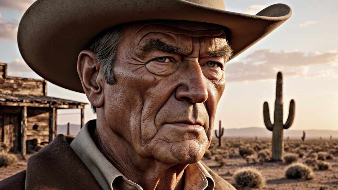 Rugged Cowboy in Barren Desert Landscape