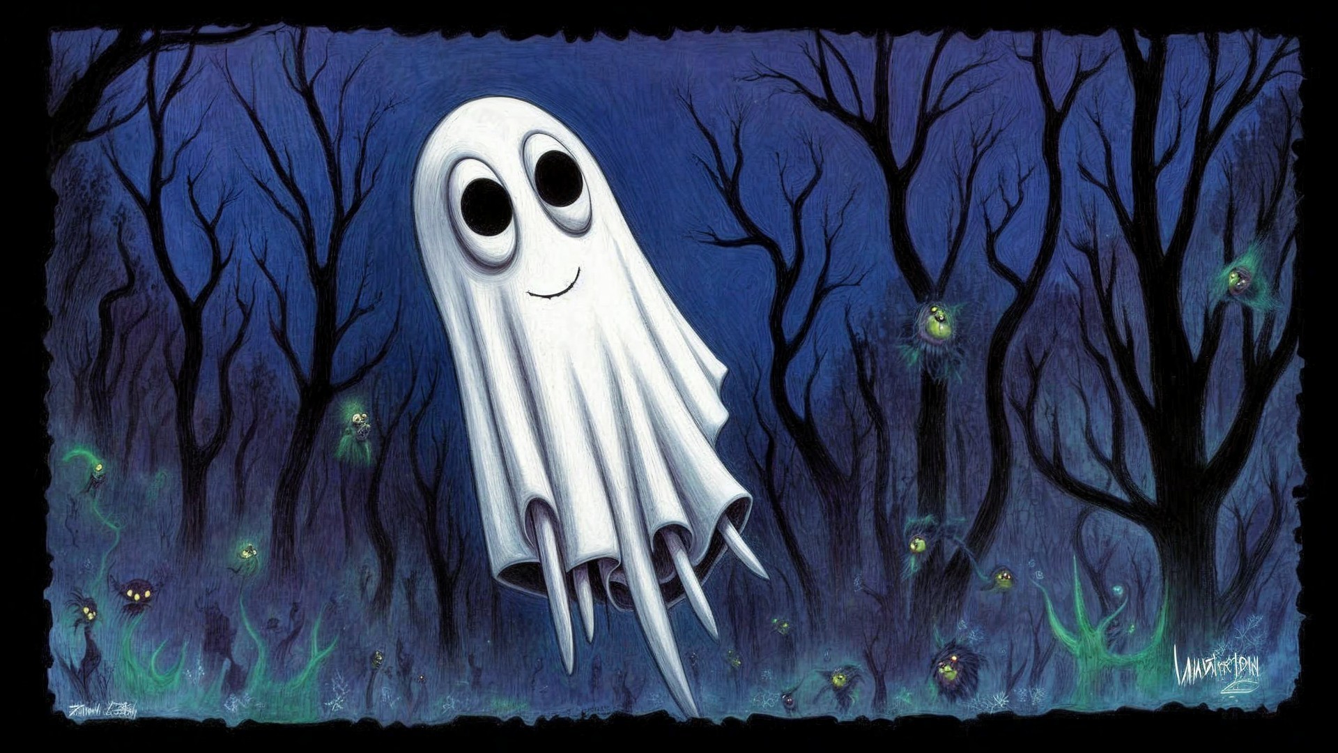 Cheerful ghost in a spooky dark forest scene