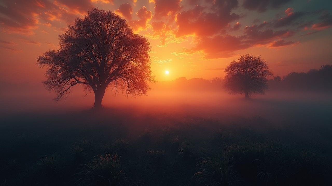 Dusk Landscape with Silhouetted Trees and Misty Field