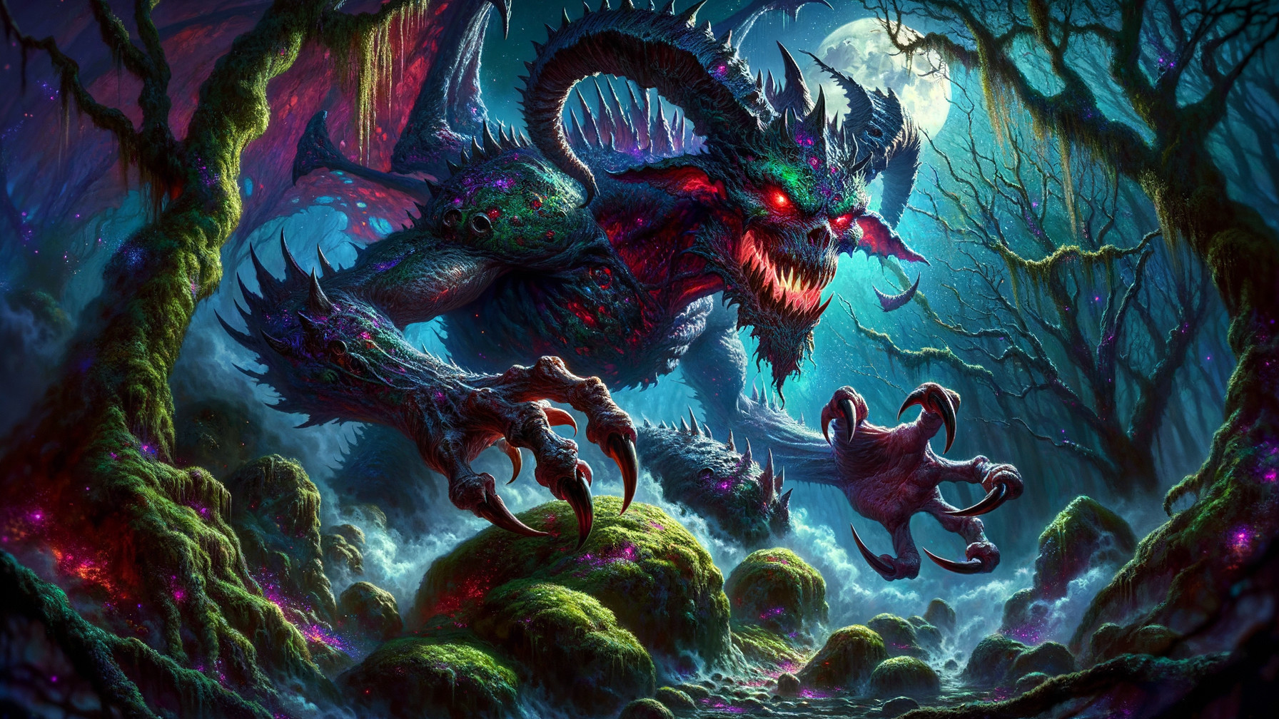 Monstrous Creature in Dark Enchanted Forest Scene