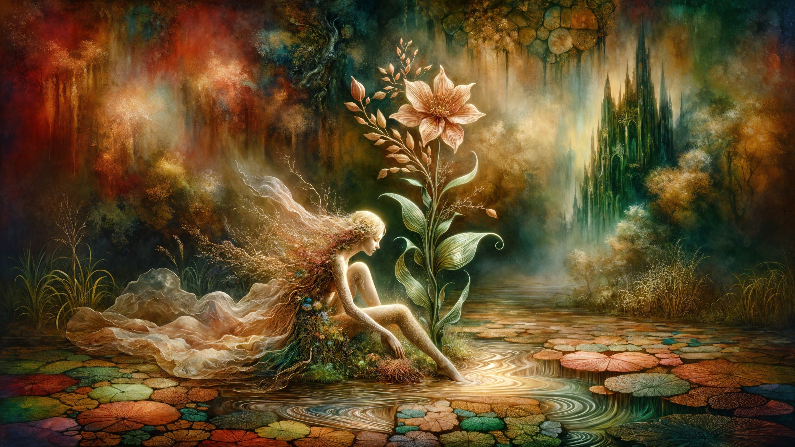 Fairy by a Shimmering Pond Surrounded by Nature