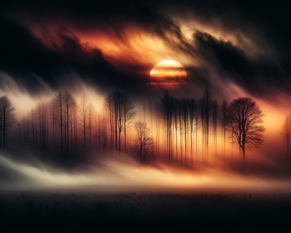 Dramatic Sunset Over Misty Landscape with Silhouetted Trees
