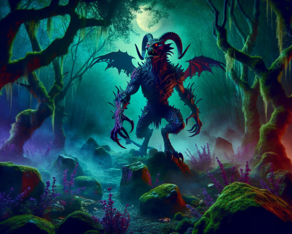 Menacing Creature in Mystical Foggy Forest Scene