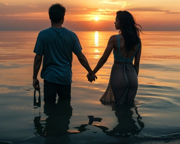 Couple at Sunset by the Calm Sea with Reflections