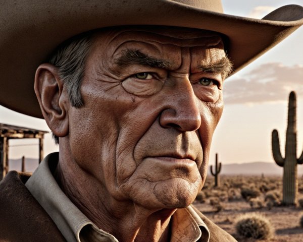 Rugged Cowboy in Barren Desert Landscape