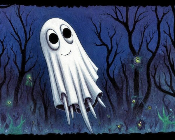 Cheerful ghost in a spooky dark forest scene