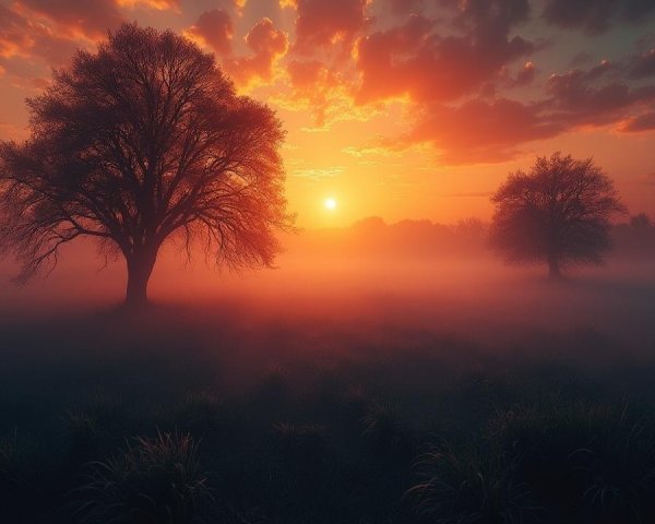 Dusk Landscape with Silhouetted Trees and Misty Field