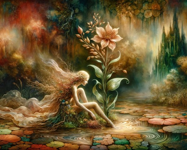 Fairy by a Shimmering Pond Surrounded by Nature