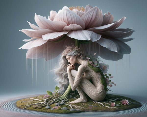 Serene Figure Under Pink Lotus Flower Depicting Harmony