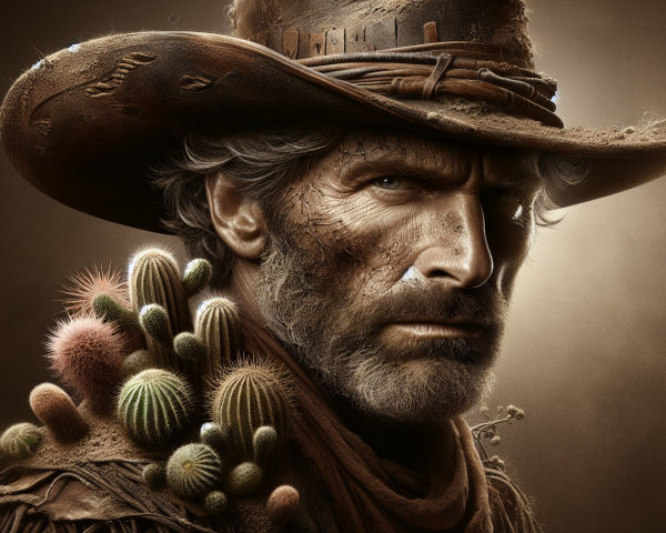 Rugged Cowboy with Weathered Features and Cacti Hat
