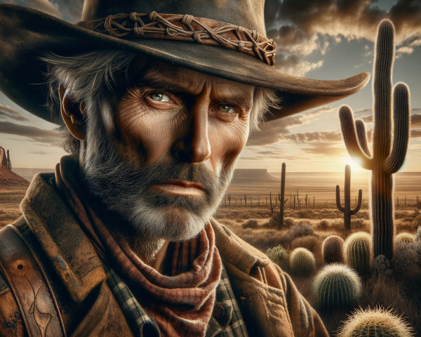 Cowboy in Desert Landscape at Sunset with Mountains