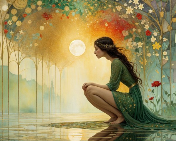 Young Woman in Green Dress by Tranquil Water Scene