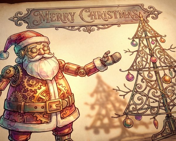 Steampunk Illustration of Robotic Santa on Parchment