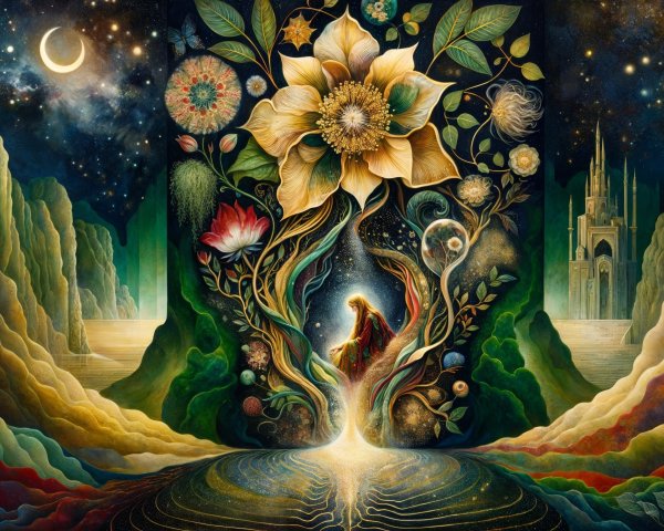 Surreal Landscape with Golden Flower and Celestial Elements