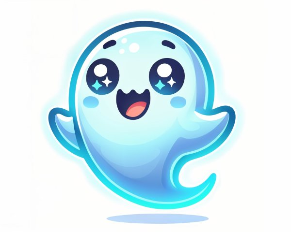 Cartoonish blue ghost with cheerful expression and glow