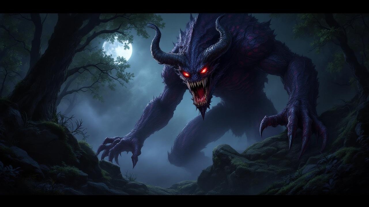 Nightmarish creature in shadowy forest setting