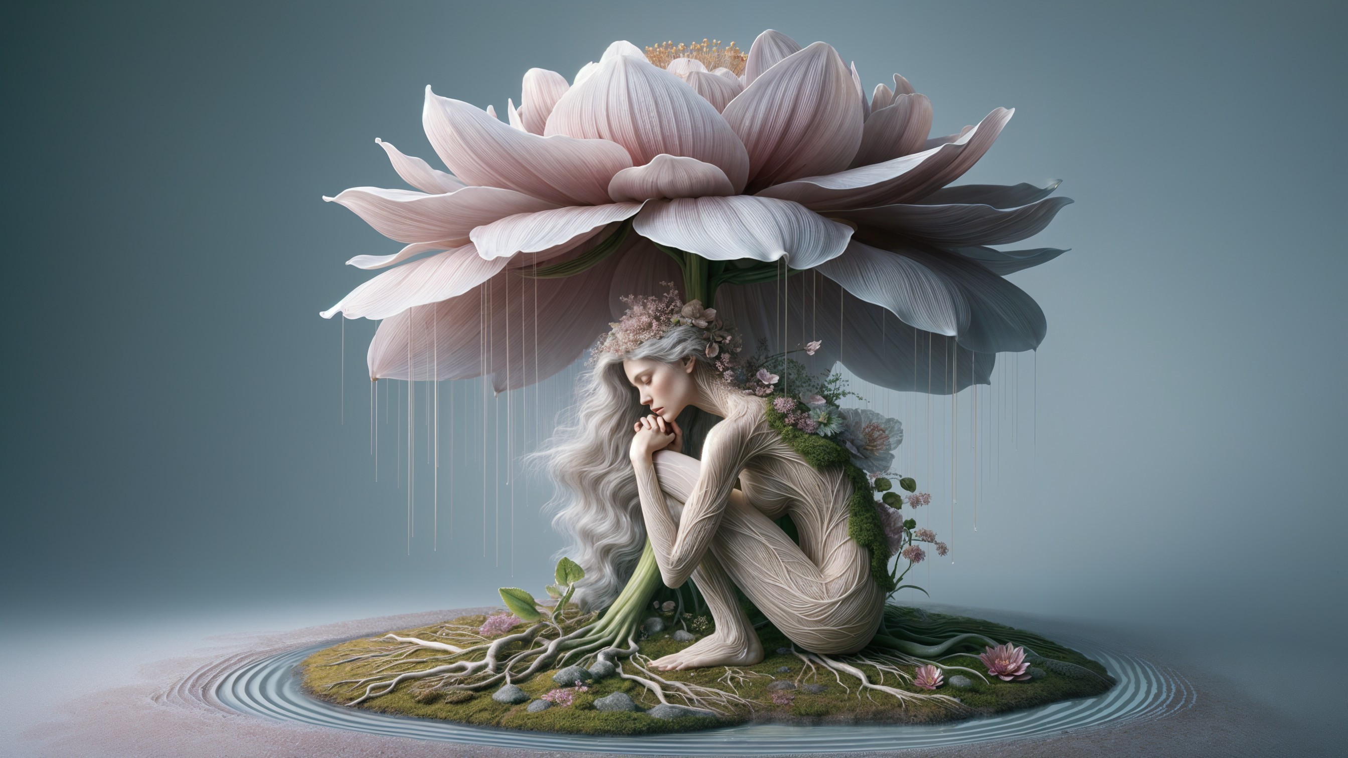 Serene Figure Under Pink Lotus Flower Depicting Harmony