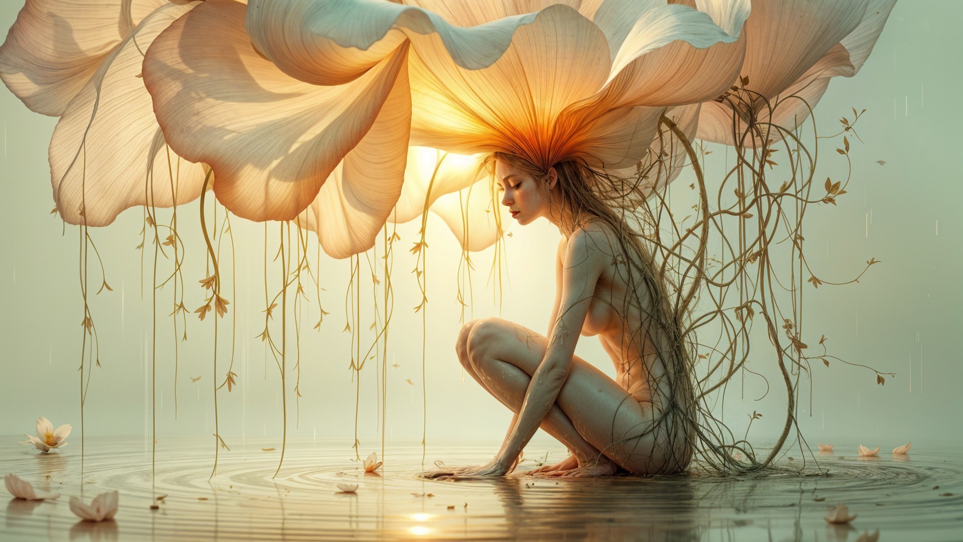 Surreal Scene of a Female Figure and Luminous Flower