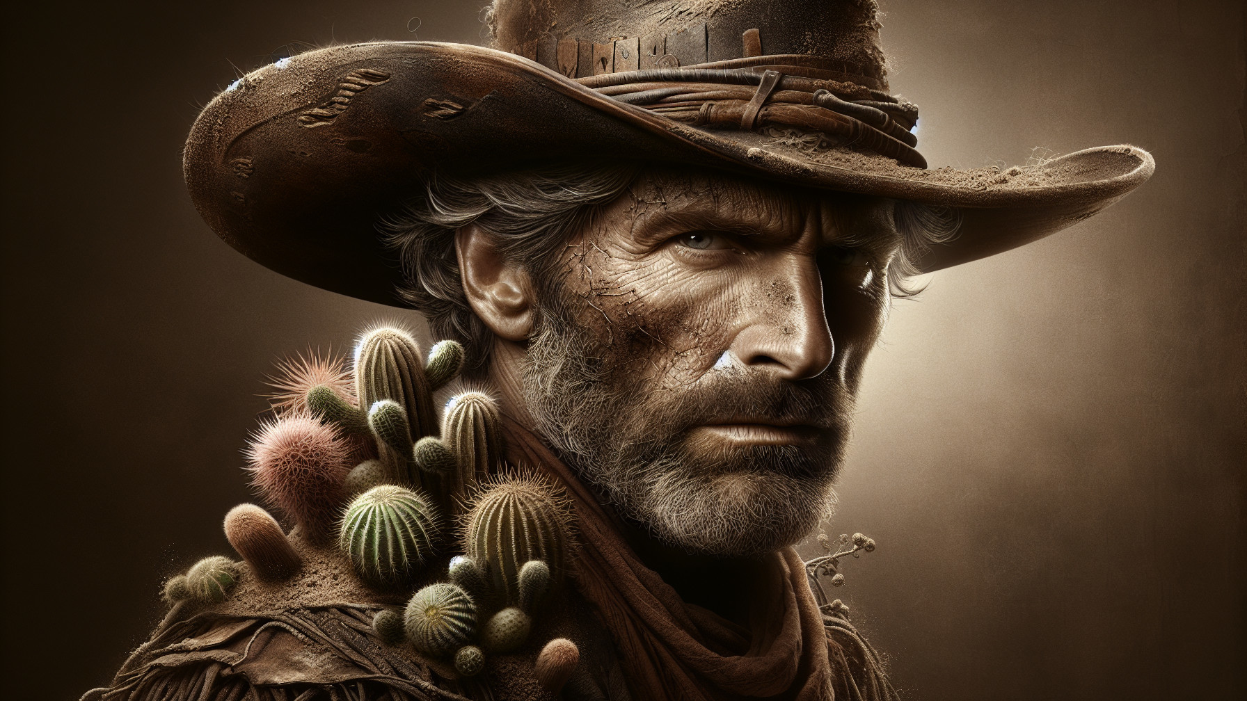 Rugged Cowboy with Weathered Features and Cacti Hat