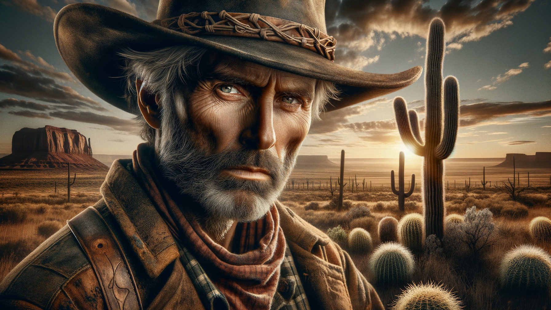 Cowboy in Desert Landscape at Sunset with Mountains