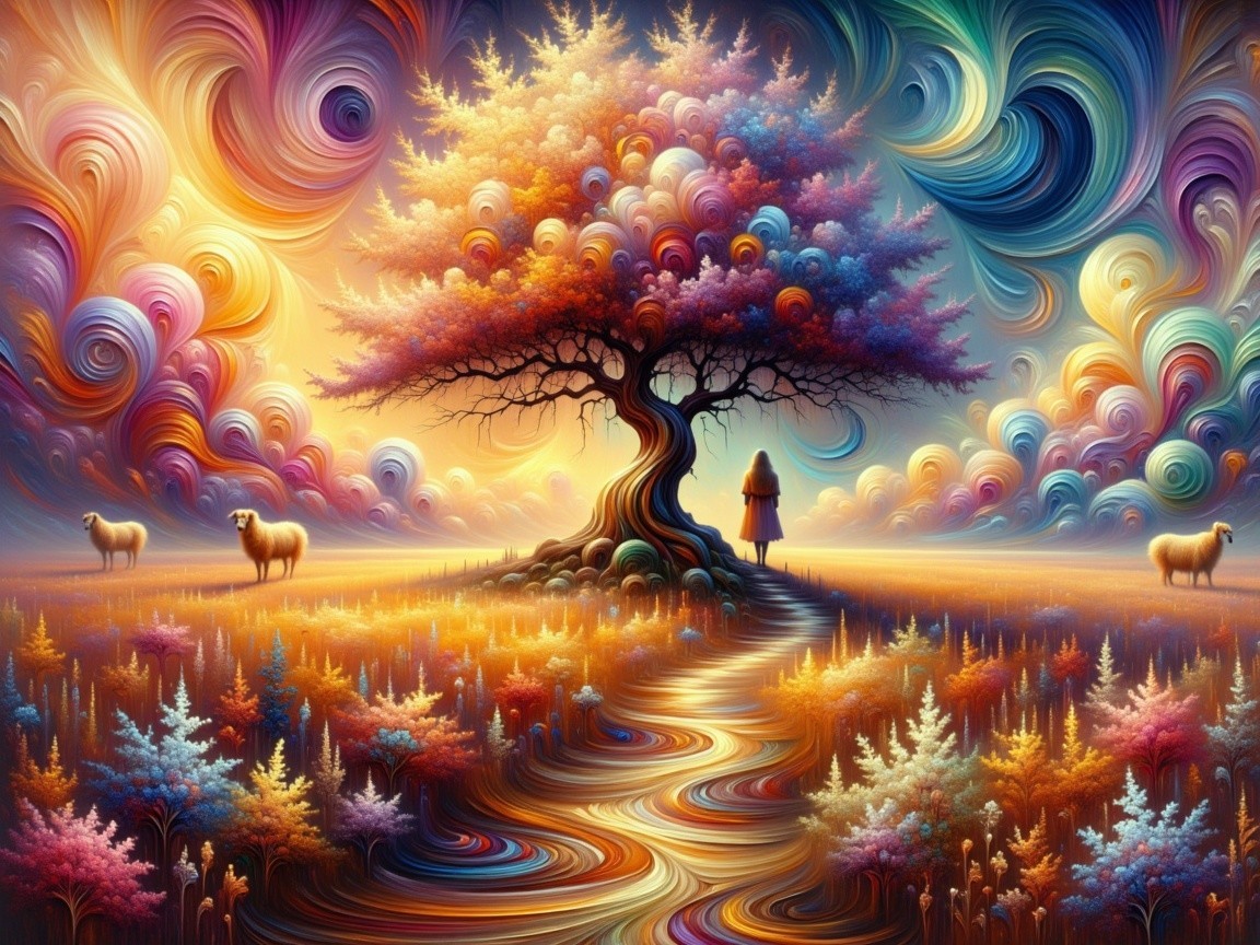 Surreal Landscape with Colorful Tree and Grazing Sheep
