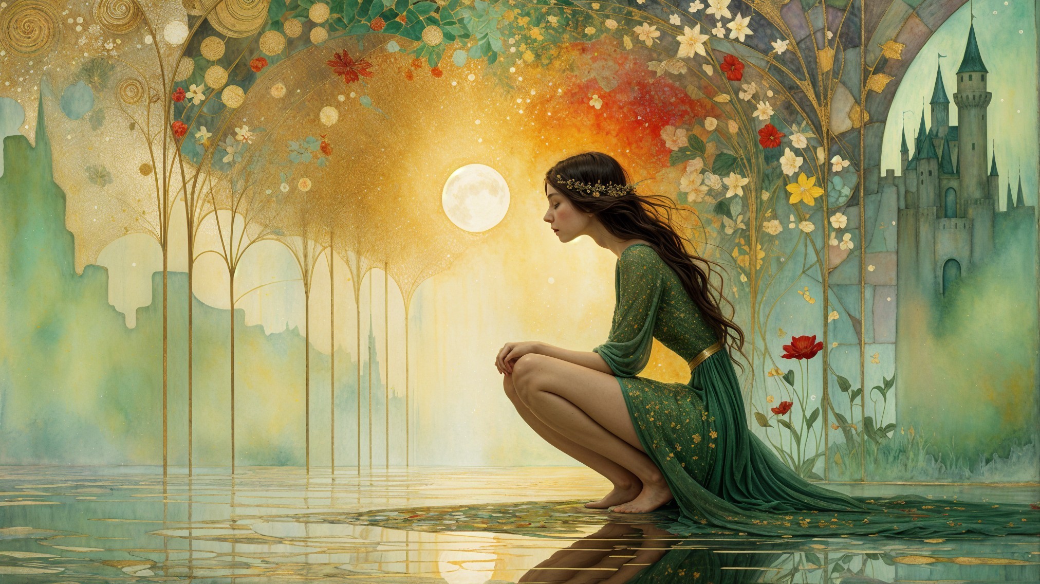 Young Woman in Green Dress by Tranquil Water Scene