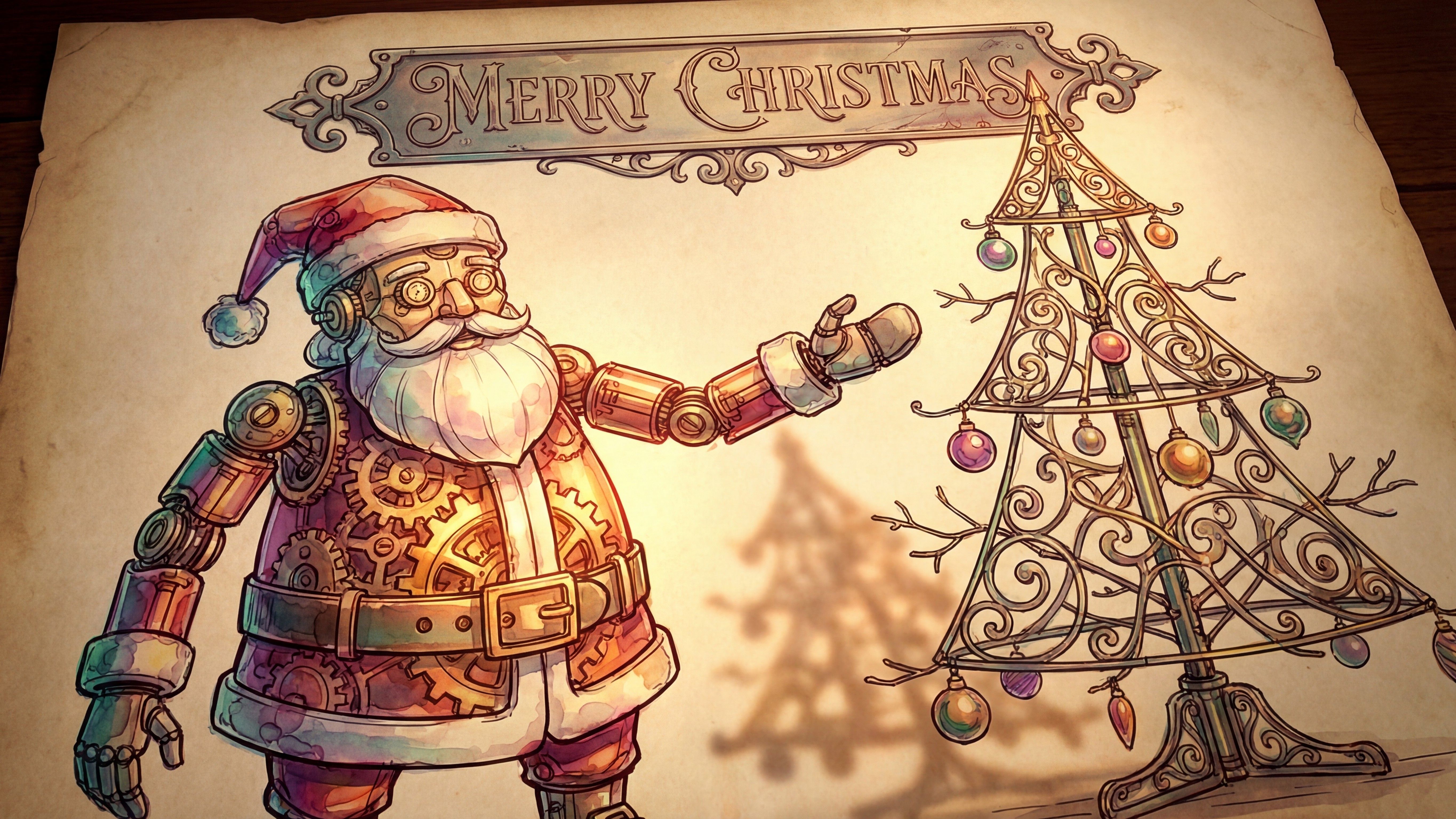 Steampunk Illustration of Robotic Santa on Parchment