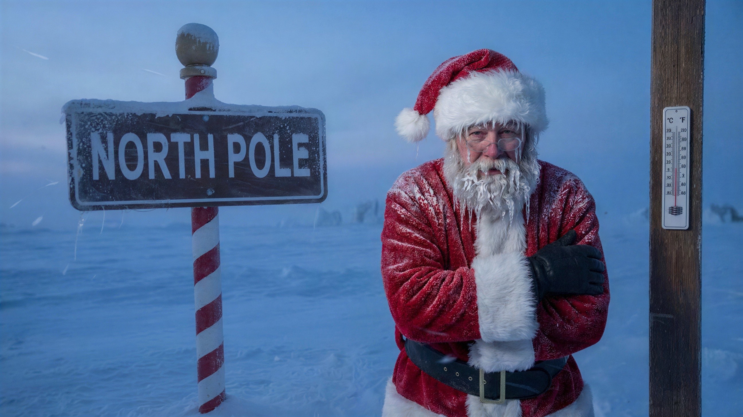 Santa Claus in Red Suit at Snowy North Pole Scene