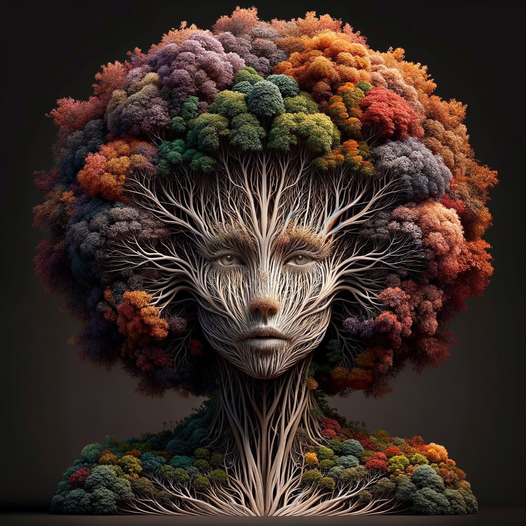 Surreal Artwork of Face with Tree-Like Features